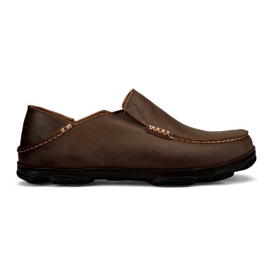 OluKai Everyday | Moloā Men's Leather Slip On Shoes - Dark Wood / Dark Java