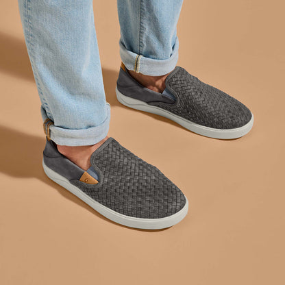 OluKai Signature | Lae‘ahi Lauhala Men's Leather Slip-On Sneakers - Ash