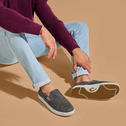 OluKai Signature | Lae‘ahi Lauhala Men's Leather Slip-On Sneakers - Ash