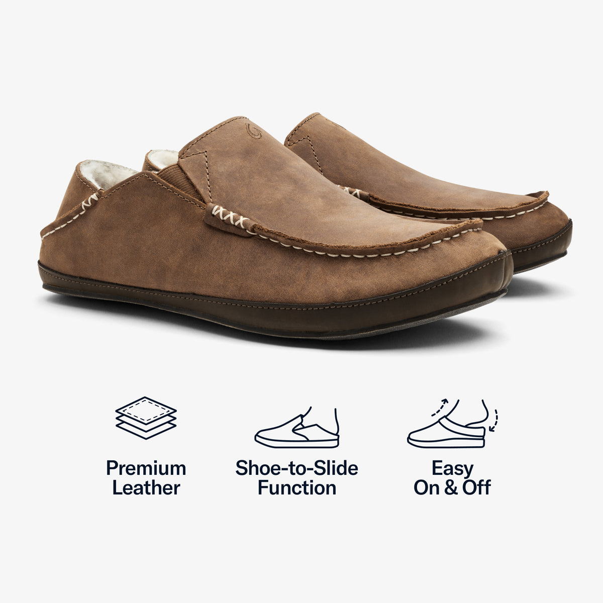 OluKai Featured | Moloā Men's Leather Slippers - Toffee / Dark Wood