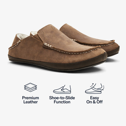 OluKai Featured | Moloā Men's Leather Slippers - Toffee / Dark Wood