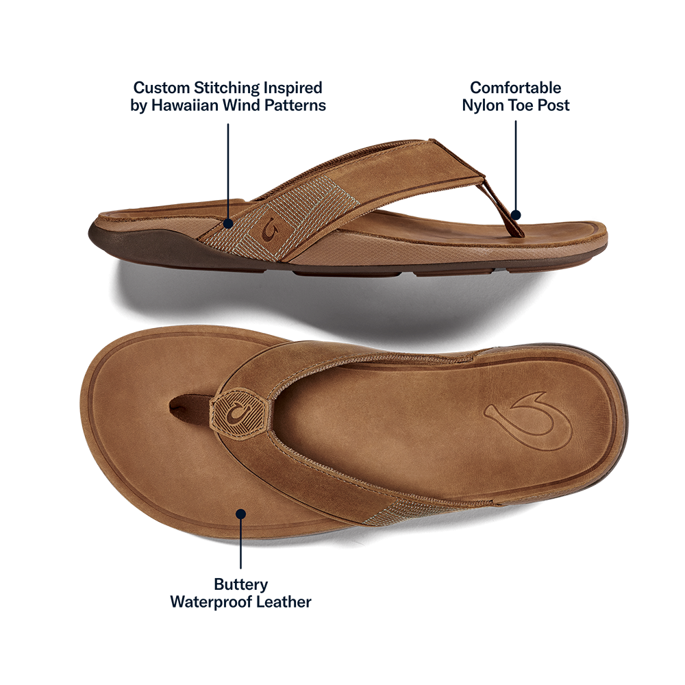 OluKai Recommended | Tuahine Men's Waterproof Leather Beach Sandals - Toffee