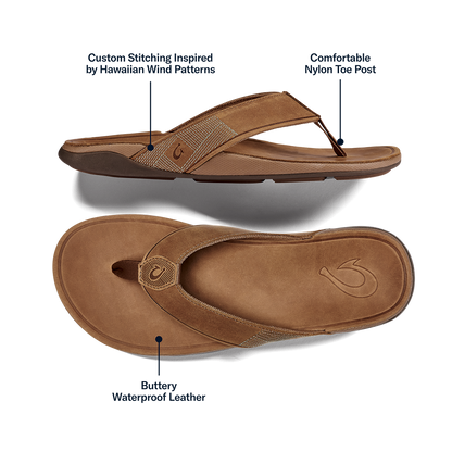 OluKai Recommended | Tuahine Men's Waterproof Leather Beach Sandals - Toffee