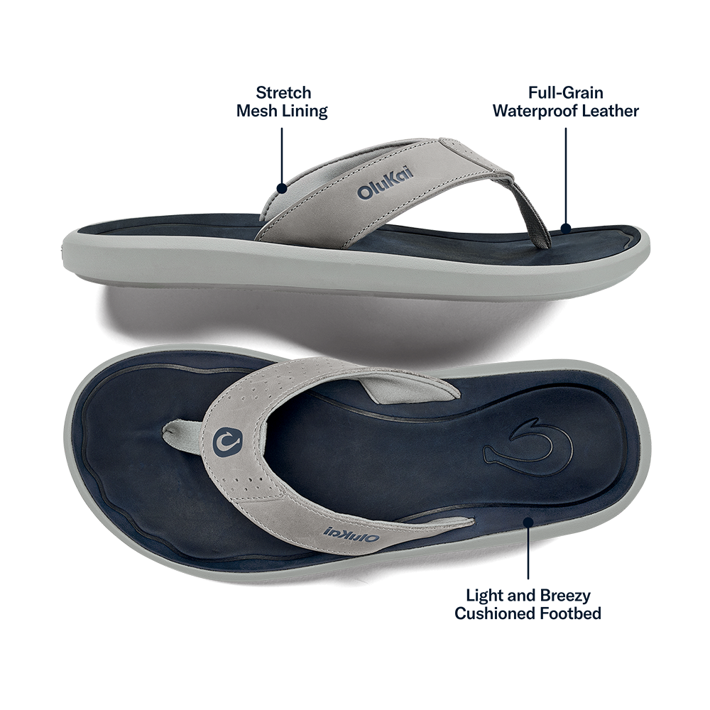 OluKai Trending | Pili Men’s Waterproof Leather Sandals - Ash / Mood Indigo