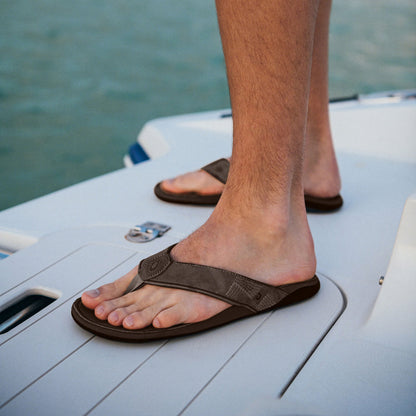 OluKai Smart Buy | Tuahine Men's Waterproof Leather Beach Sandals - Dark Wood