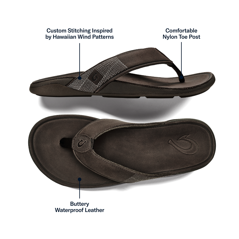 OluKai Smart Buy | Tuahine Men's Waterproof Leather Beach Sandals - Dark Wood