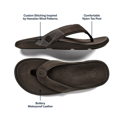OluKai Smart Buy | Tuahine Men's Waterproof Leather Beach Sandals - Dark Wood
