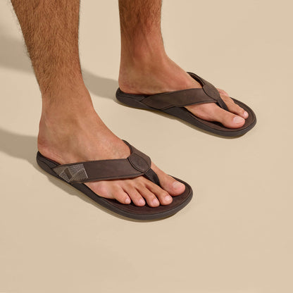 OluKai Smart Buy | Tuahine Men's Waterproof Leather Beach Sandals - Dark Wood