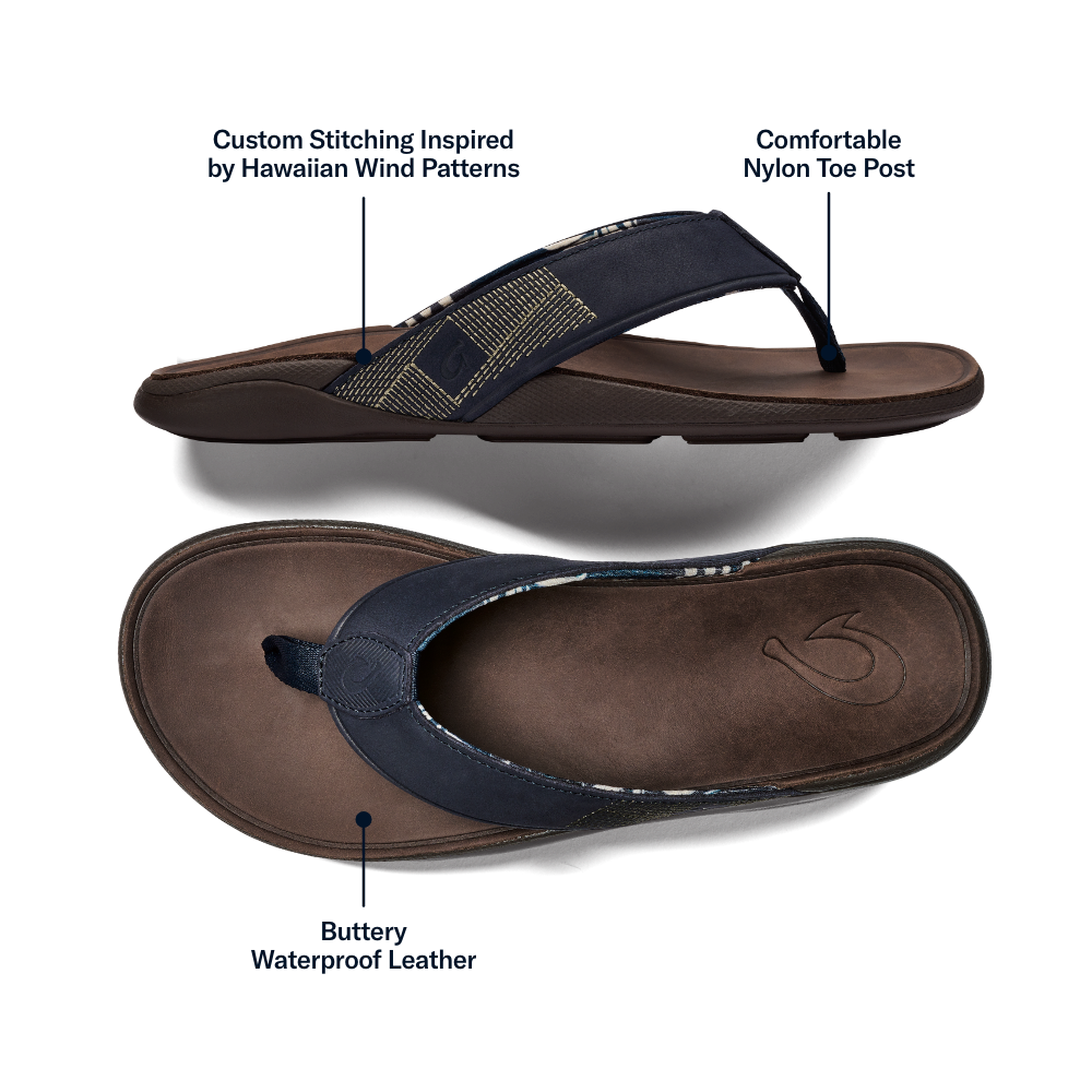 OluKai Best Price | Tuahine Men's Waterproof Leather Beach Sandals - Trench Blue