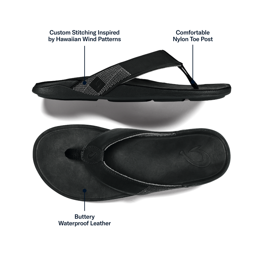 OluKai Sale | Tuahine Men's Waterproof Leather Beach Sandals - Black
