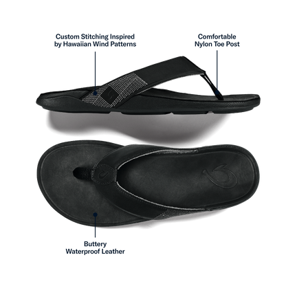 OluKai Sale | Tuahine Men's Waterproof Leather Beach Sandals - Black