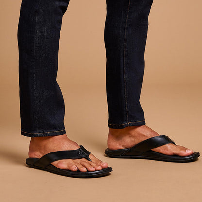 OluKai Popular | Mekila Men's Full-Grain Leather Beach Sandals - Black