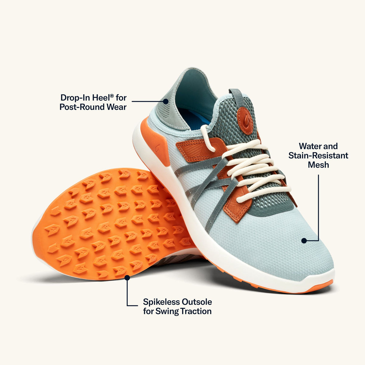 OluKai Exclusive | Manele Men’s Breathable Golf Shoes - Pale Moss / Molten Orange
