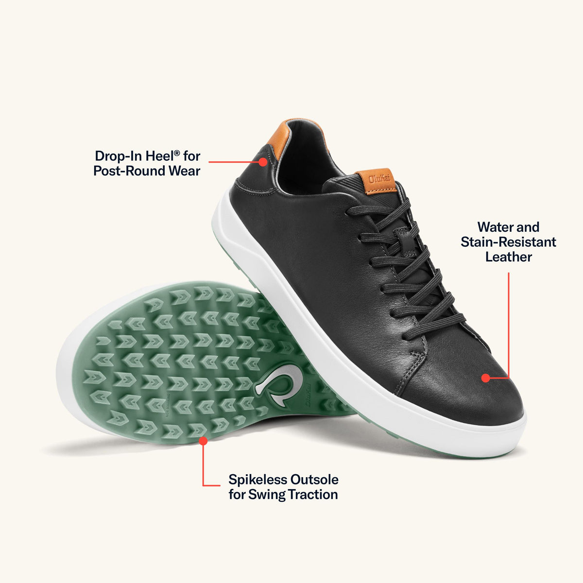 OluKai Customer Favorite | Wai‘alae Men’s Waterproof Leather Golf Shoes - Black