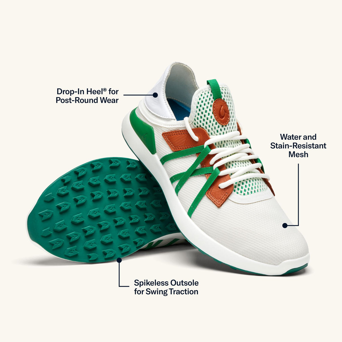 OluKai Premium | Manele Men’s Breathable Golf Shoes - White / Bamboo